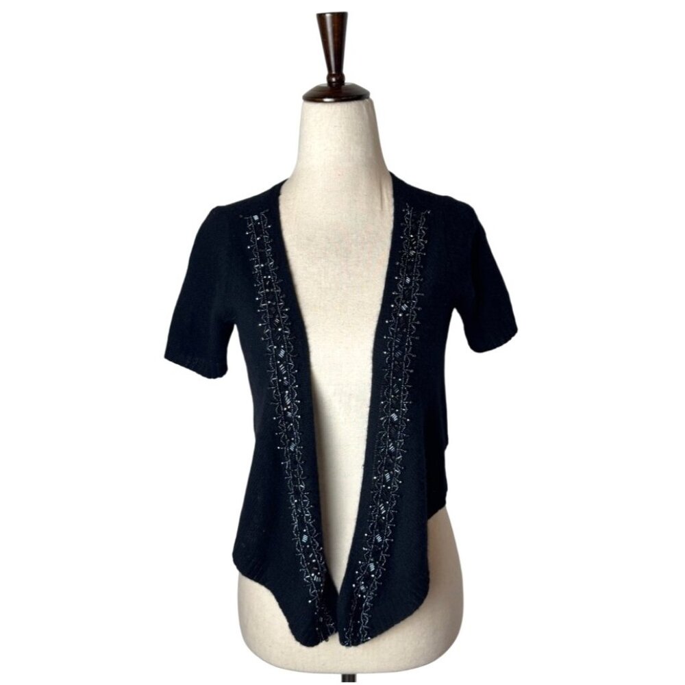 Autumn Cashmere Sweater Women Small Black Cashmere Beaded Neckline Cardigan